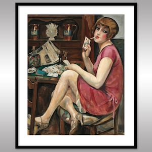 Solitär 1928 ~ Gerda Wegener ~ Reproduktion Kunstdruck ~ Frau ~ Zigarette ~ Spielkarten ~ Zeitung ~ Kommode ~ Wandkunst