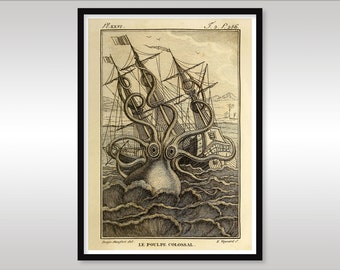 Le Poulpe Colossal 1801 ~ The Colossal Octopus ~ Kraken ~ Sea Monster ~ Shipwreck ~ Reproduction Print ~ Octopus