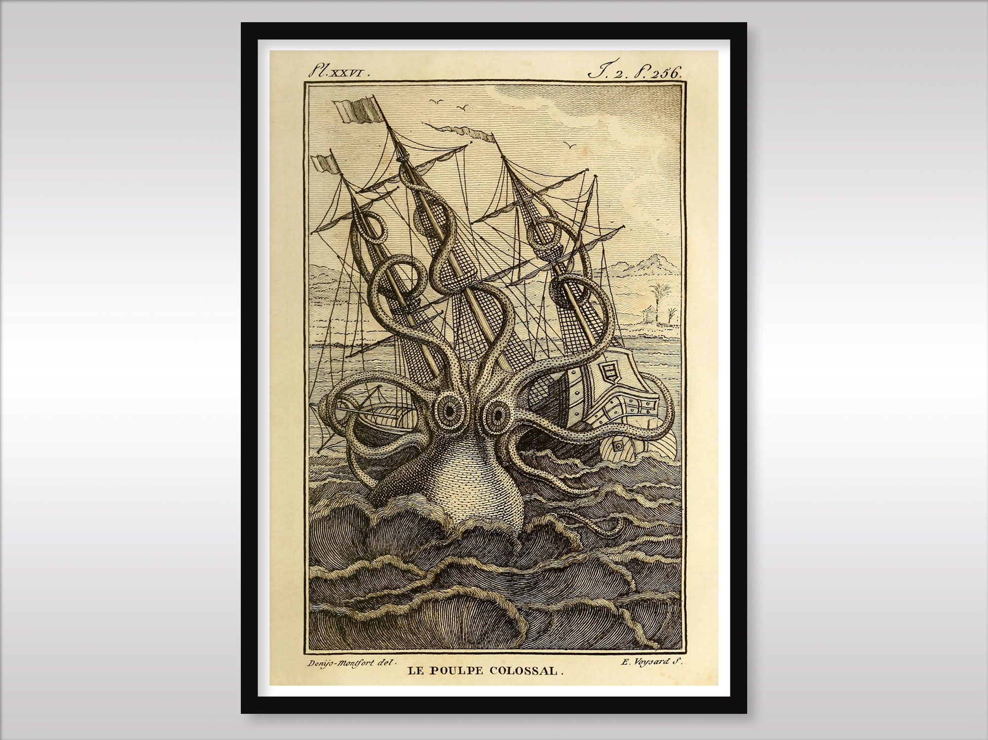 クラーケン・タコのプリント：ヴィンテージの海の怪物〜難破船アート