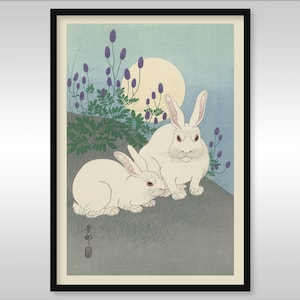 Kaninchen bei Vollmond ~ 1920-1930 ~ Ohara Koson ~ Reproduktion Kunst ~ Tiere ~ Wandkunst