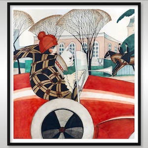 Girl and Pug in an Automobile 1927~ Gerda Wegener ~ Reproduction Art Print ~ Dog ~ Woman ~ Trees ~ Car ~ Trees ~ Wall Art