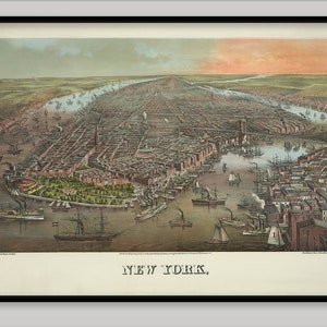 New York aus der Vogelperspektive c1873 ~ Reproduktion Kunst ~ Wand Kunst ~ Maps