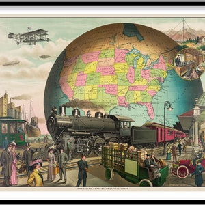 Twentieth Century Transportation 1910 ~ Reproduction Art print ~ Globe ~ World Map ~ Planes ~ Trains ~ Trams ~ Cars