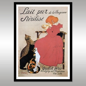 Lait pur de la Vingeanne Sterilise de Théophile Alexandre Steinlen ~ Póster francés 1894 ~ Impresión de reproducción ~ Niña alimentando gatos ~ Animales