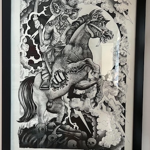 May include: Black and white framed artwork depicting a demonic figure riding a rearing horse. The rider, with horns and a scythe, is surrounded by storm clouds and lightning. Skulls and bones are at the horse's feet. Signed "MFCO 20".