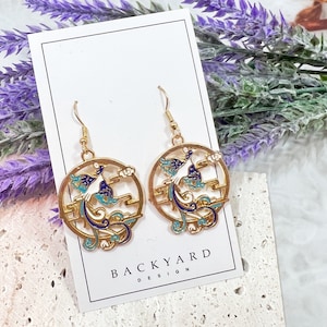 Handmade Earrings with Vermilion bird design/ Asian style earrings with blue bird/ detailed bird earrings