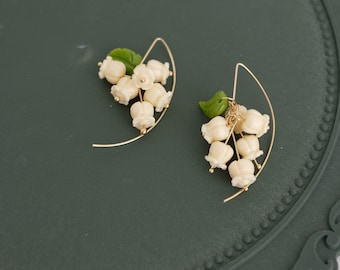 Handmade Earrings/Handmade Dangle and Drop Earrings with lily of the valley design/ handmade floral earrings with leaf