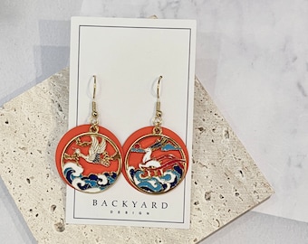 Handmade Dangle Earrings with deer and crane design/ Handmade circle asymmetry earrings/ drop earrings/ colorful earrings