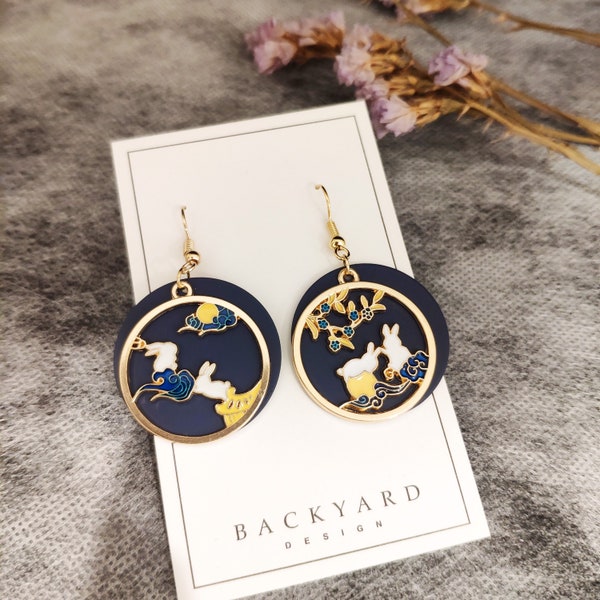 Handmade Earrings/Handmade Dangle and Drop Earrings with rabbit and cloud design/ Handmade asian style earrings/ Handmade asymmetry earrings