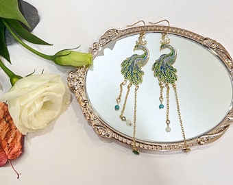 Handmade Earrings with Peacock design/ Tassel Drop Earrings with peacock/ Statement earrings