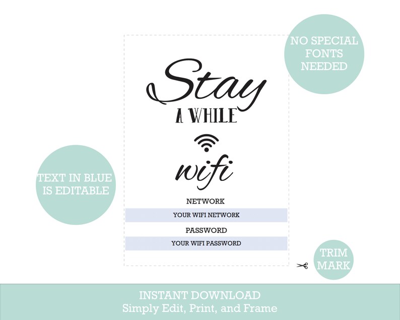 Editable Wifi Guest Room Printable Template 8x10 and 5x7 Custom