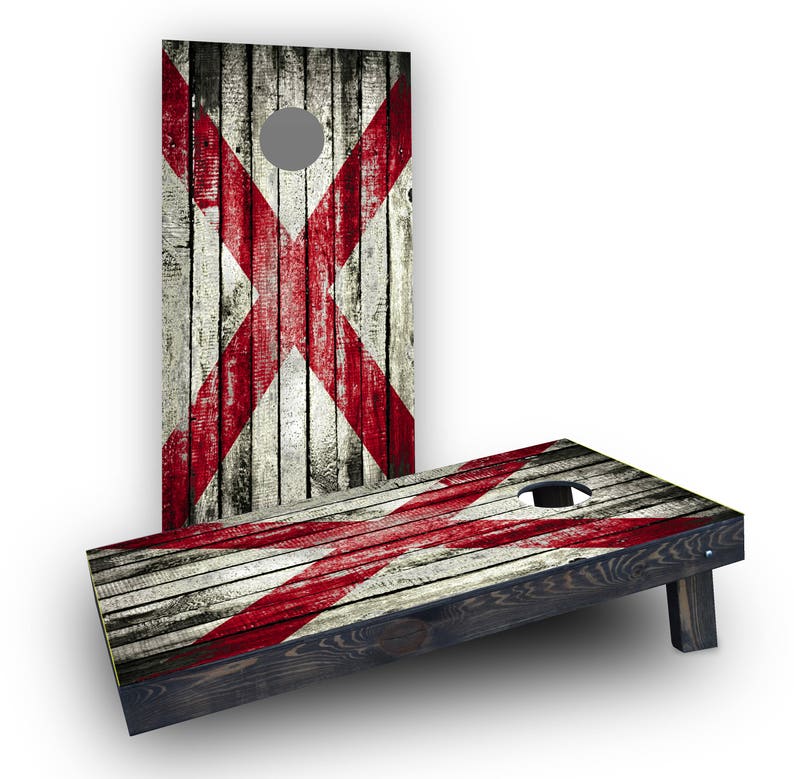 Alabama Themed Worn Distressed Wood Slat State Flag Themed Custom Cornhole Board Game Set