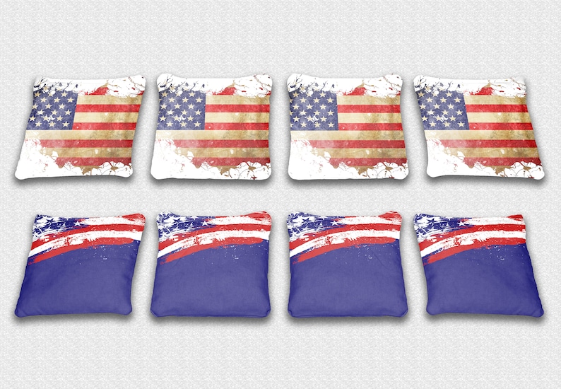 Made in the USA Corn or All Weather Plastic Resin Filled Water Color American Flag Themed Custom Cornhole Bags Set of 8