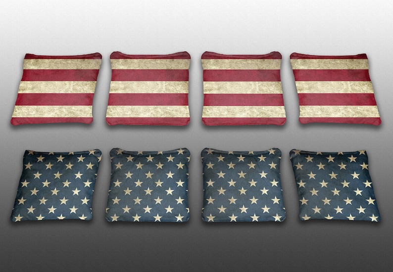 Made in the USA Stars and Stripes Themed Custom Cornhole Bags Set of 8 Corn or All Weather Plastic Resin Filled