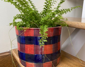 Plaid ceramic planter pot, handmade houseplant pot, 7 inches tall (perfect Christmas gift)