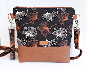 Umhängetasche Ginkgo, schwarz braun, Schultertasche, gemustert