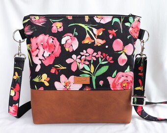 Umhängetasche Blumen, Schultertasche, schwarz / braun