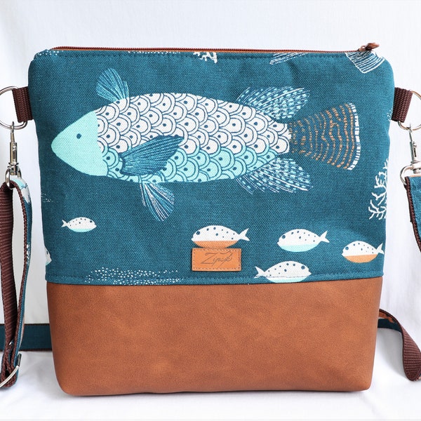 Maritime Umhängetasche, petrol, Schultertasche, Fische