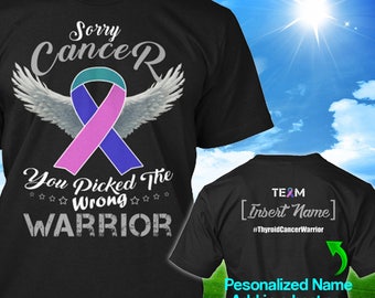 Personalized Thyroid Cancer Awareness Tshirt Teal Pink Blue Ribbon Warrior Support Survivor Custom T-shirt Unisex Women Youth Kids Tee