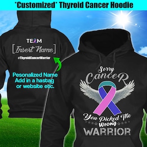 Personalized Thyroid Cancer Awareness Hoodie Teal Pink Blue Ribbon Warrior Men Women Custom Unisex Pullover Gift Winter Cloth image 1