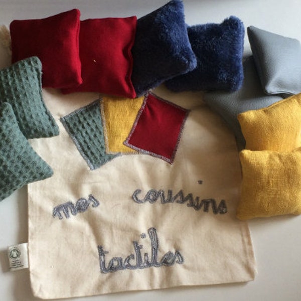 Coussins tactiles de différentes textures et couleurs montessori avec sac de rangement