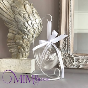 FEATHER BAUBLE MEMORIAL , Personalised, Angel Feather, Heart Bauble and Holder Gift, Commemorative Keepsake, Ornament image 1