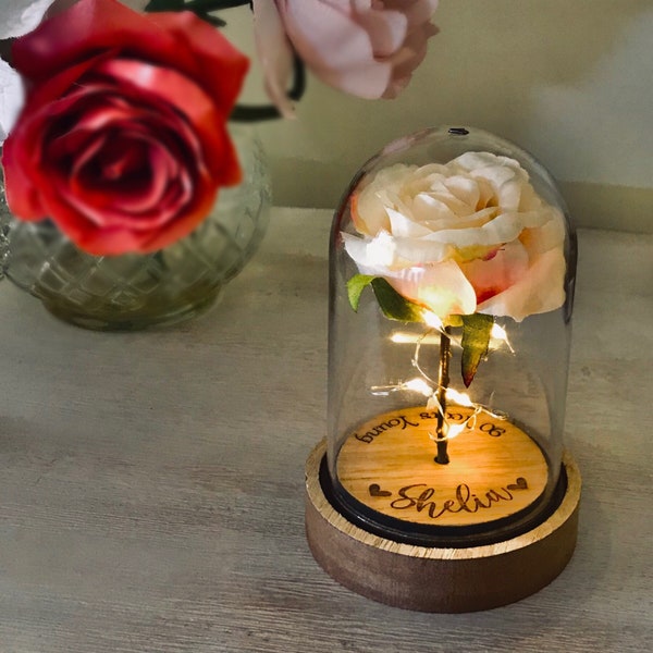 Personalised Enchanted Rose Dome Bell Jar with pretty LED lights, Milestone Birthday, Gift For Her, Nan, Grandma, Mum, Laser Engraved,