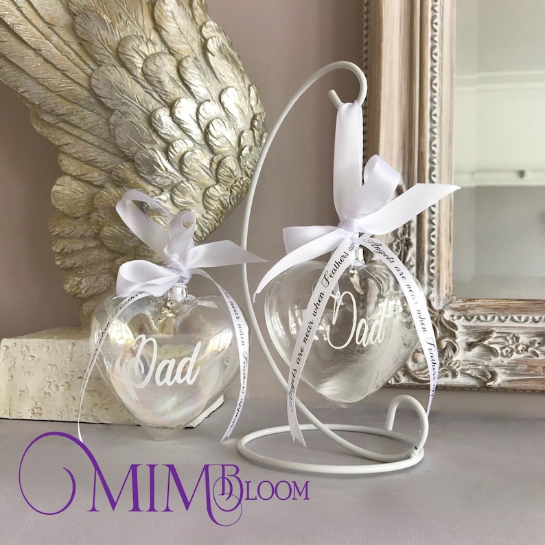 FEATHER BAUBLE MEMORIAL , Personalised, Angel Feather, Heart Bauble and Holder Gift, Commemorative Keepsake, Ornament image 6