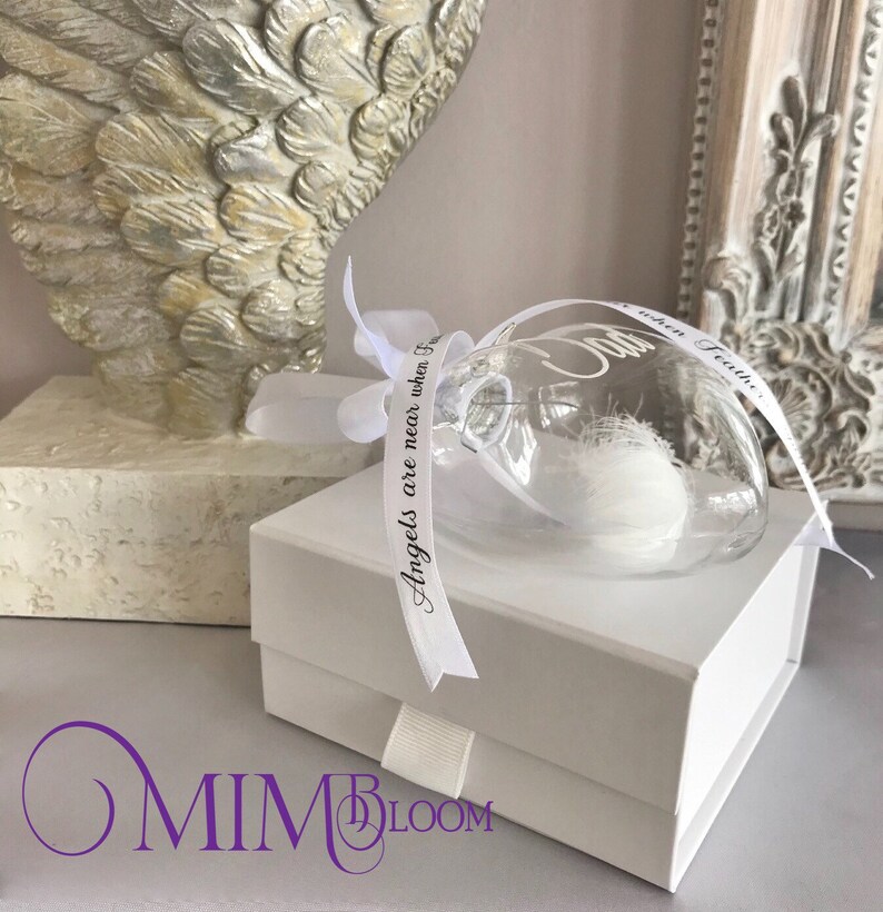 FEATHER BAUBLE MEMORIAL , Personalised, Angel Feather, Heart Bauble and Holder Gift, Commemorative Keepsake, Ornament image 8