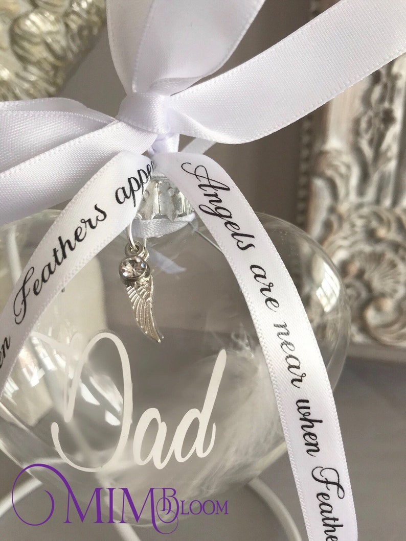 FEATHER BAUBLE MEMORIAL , Personalised, Angel Feather, Heart Bauble and Holder Gift, Commemorative Keepsake, Ornament image 3