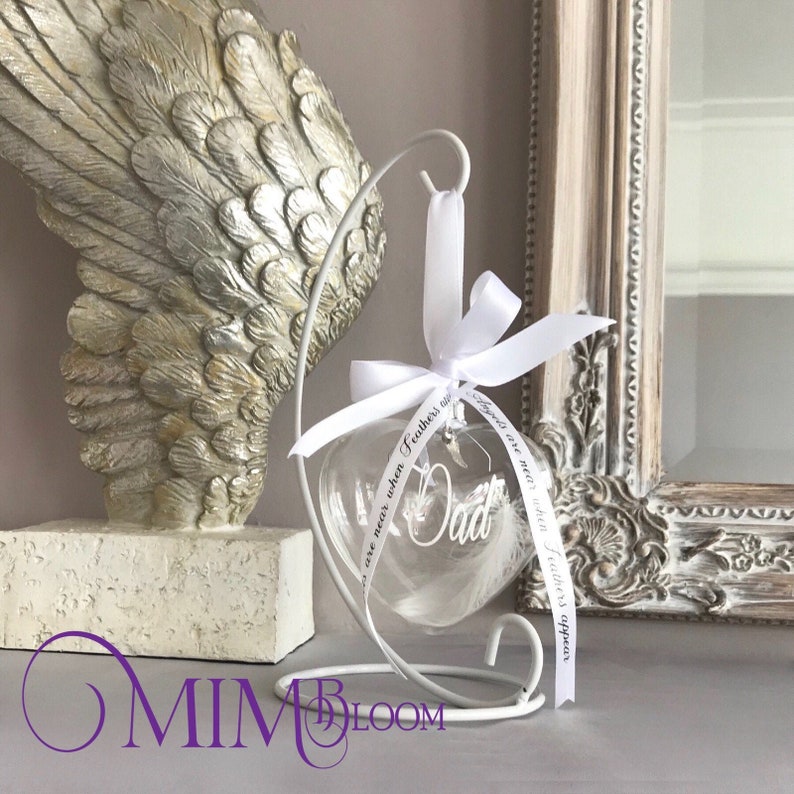 FEATHER BAUBLE MEMORIAL , Personalised, Angel Feather, Heart Bauble and Holder Gift, Commemorative Keepsake, Ornament image 1