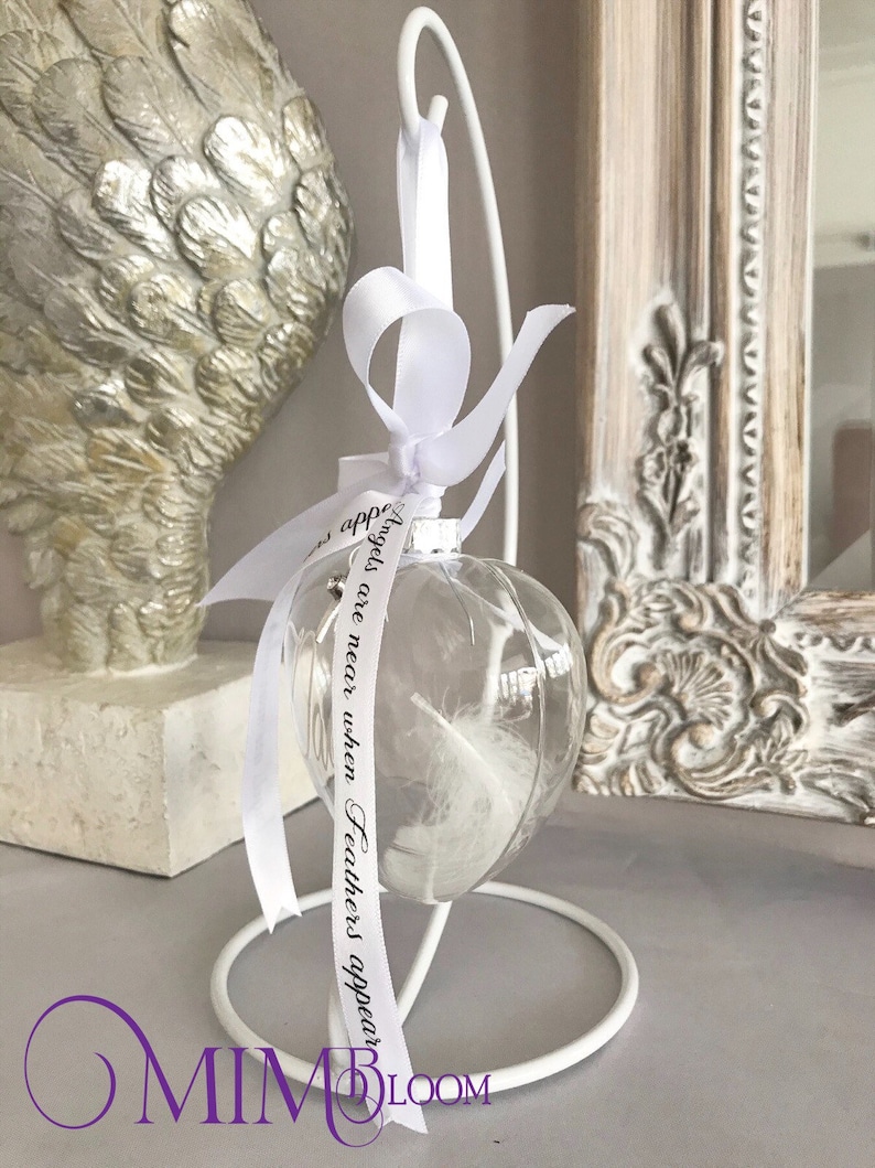FEATHER BAUBLE MEMORIAL , Personalised, Angel Feather, Heart Bauble and Holder Gift, Commemorative Keepsake, Ornament image 5