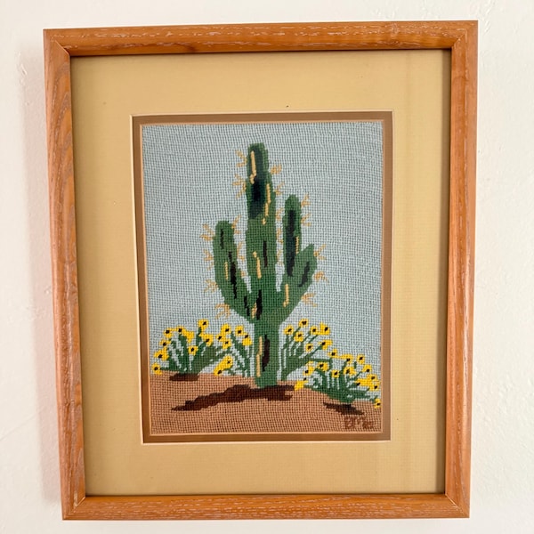 Vintage Needlepoint Desert Cactus Flower Framed Wall Art