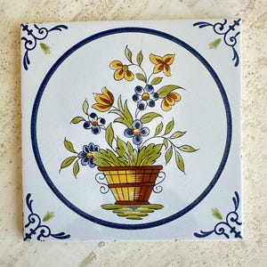 French Painted Floral Tile - Delft Style