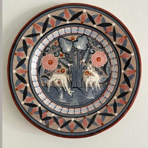 VTG Tonala Mexikanische Volkskunst Keramik Wandbehang Platte Hirsch Blumen Volkskunst 16 &quot;&quot;