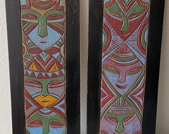Tiki Style Hand-Carved and Painted Wall Art - Pair