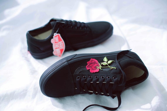 Vans Old Skool Custom Black Big Rose Patch All Sizes - Etsy