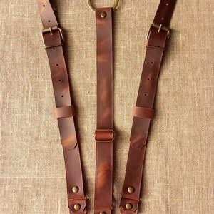 Rustic Dark Cognac Leather suspenders with ring Wedding gift Gifts For Men Leather suspenders Handmade width 1 inch image 3