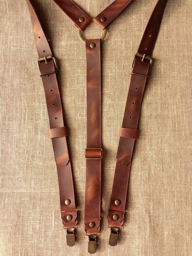 Rustic Dark Cognac Leather suspenders with ring Wedding gift Gifts For Men Leather suspenders Handmade width 1 inch image 3