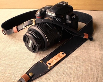 Personalized leather camera strap. Vintage cowhide. Gift for photographer