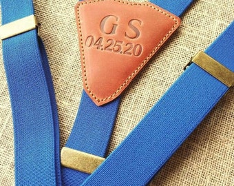 Blue Elastic Suspenders, Personalized Leather Accent, Groomsmen Gift