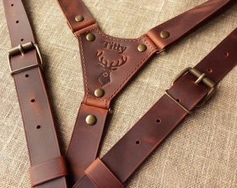 Rustic (Dark Cognac) Leather suspenders Personalized Personalized Gifts For Men Suspenders Wedding Suspenders Mens Braces For Grooms