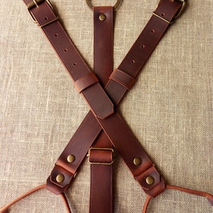 Rustic Dark Cognac Leather suspenders with ring Wedding gift Gifts For Men Leather suspenders Handmade width 1 inch image 2