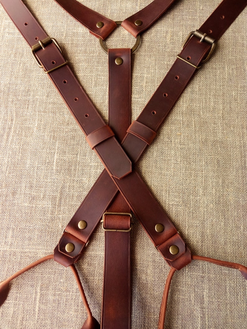 Rustic Dark Cognac Leather suspenders with ring Wedding gift Gifts For Men Leather suspenders Handmade width 1 inch image 2