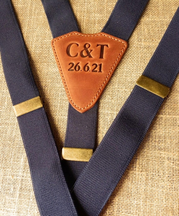 Personalized Navy Blue Suspenders. Braces made of elastic tape and leather insert. Groomsmen Gift.