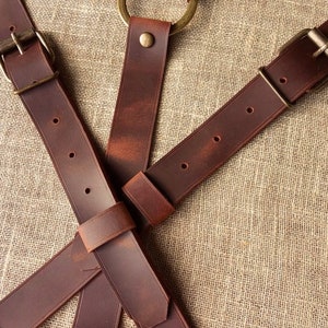 Rustic Dark Cognac Leather suspenders with ring Wedding gift Gifts For Men Leather suspenders Handmade width 1 inch zdjęcie 6