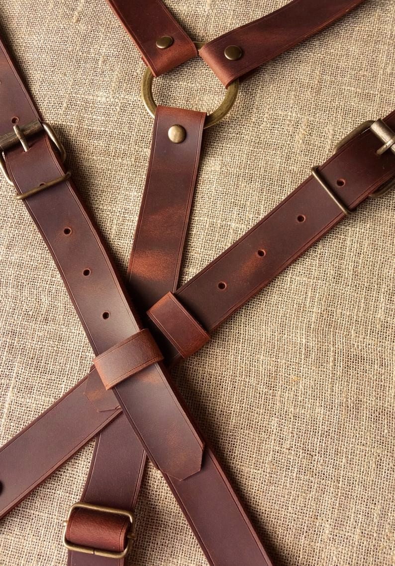 Rustic Dark Cognac Leather suspenders with ring Wedding gift Gifts For Men Leather suspenders Handmade width 1 inch image 6