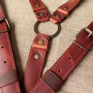 Rustic (Dark Cognac) Leather suspenders with ring Wedding gift Gifts For Men Gift for the groom Leather suspenders Handmade width 1 inch