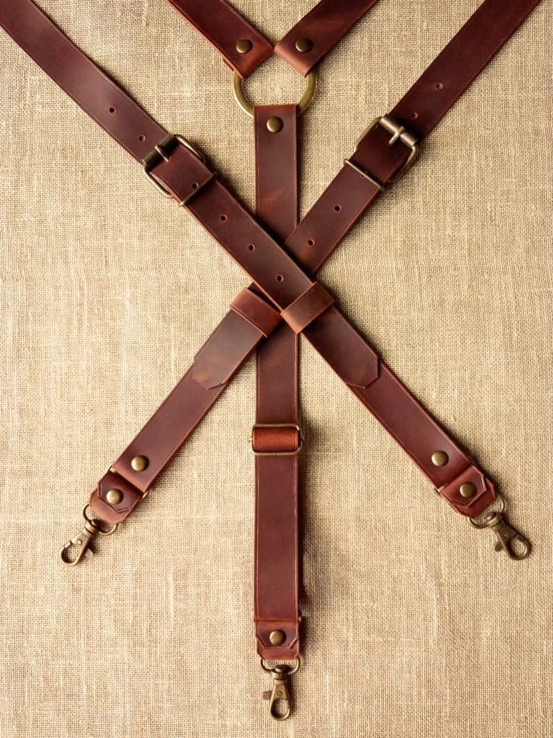 Rustic Dark Cognac Leather suspenders with ring Wedding gift Gifts For Men Leather suspenders Handmade width 1 inch image 4
