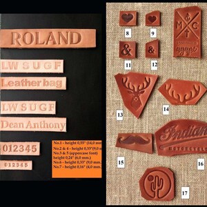 May include: A collection of brown leather pieces with embossed designs and text. The pieces include names, numbers, symbols, and the words "Leather bag", "Indian Motorcycle", and "ROLAND". The height of the pieces varies from 0.16" to 0.55".